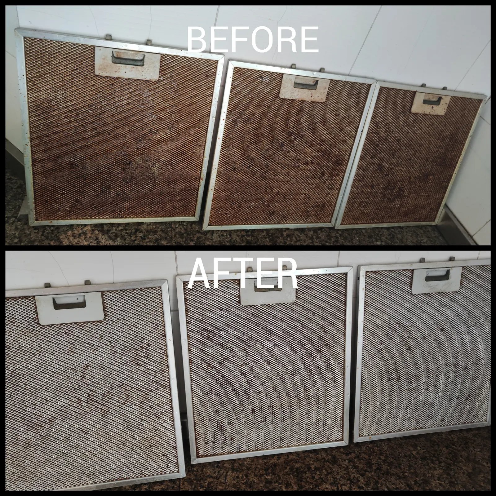 Extractor filters before and after deep cleaning