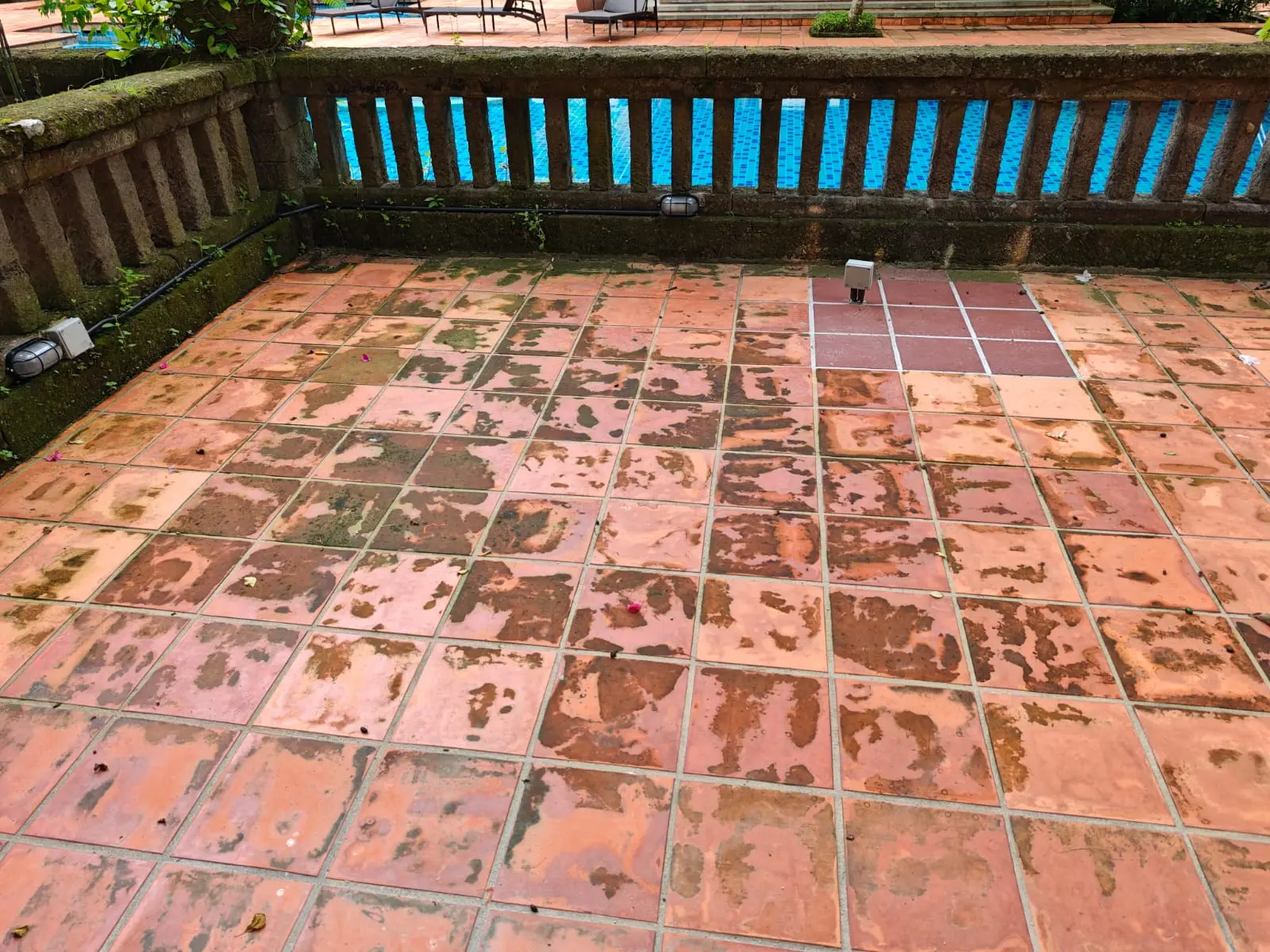 Outdoor terracotta tiles before jet washing
