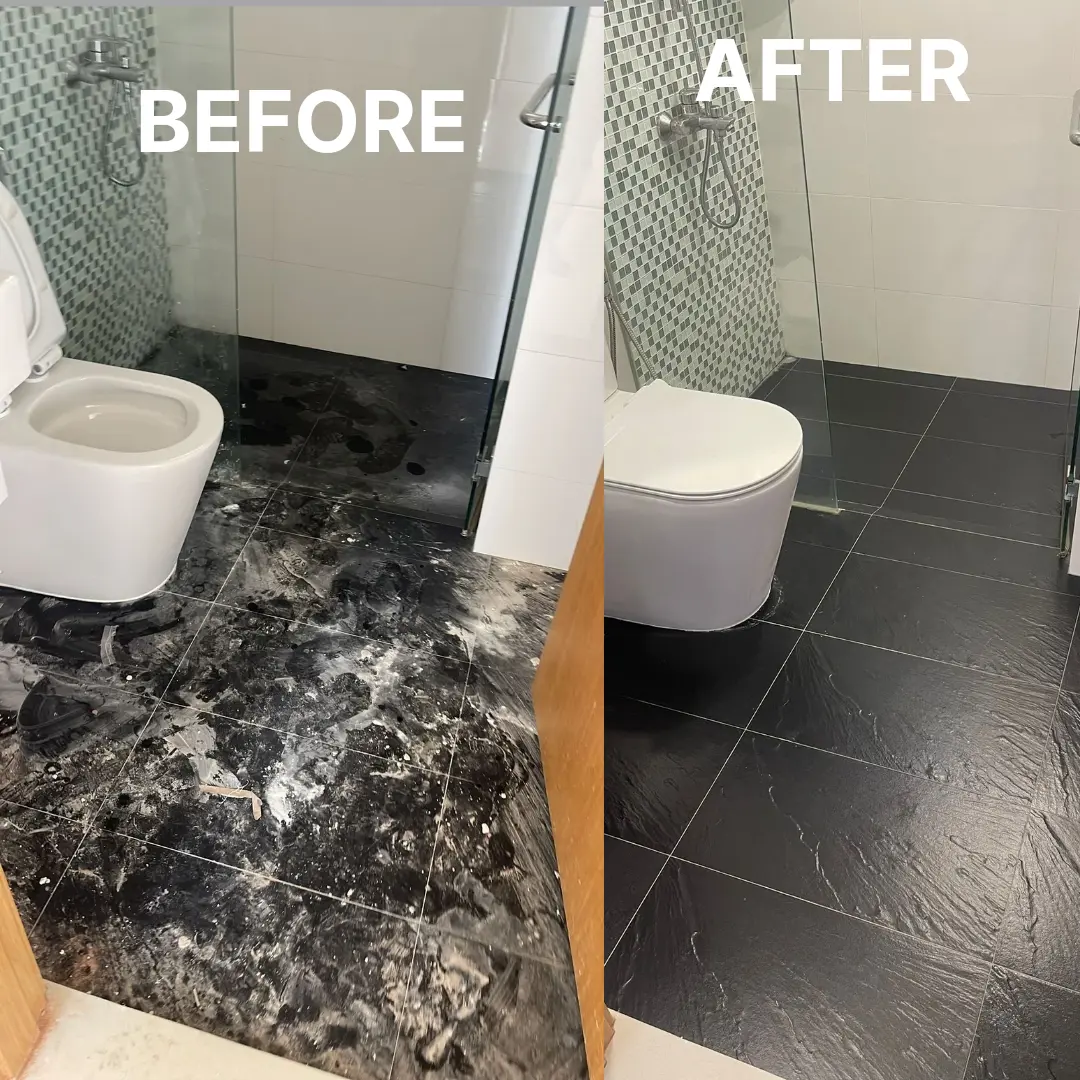 Bathroom before and after post-renovation cleaning