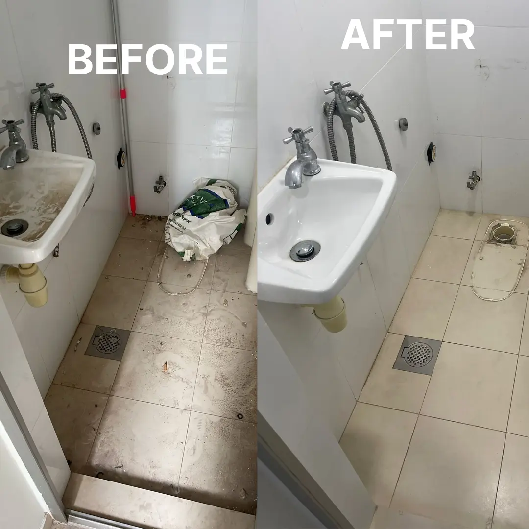Bathroom floor before and after post-renovation cleaning