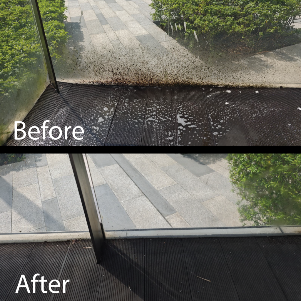 Streaked and stained balcony glass restored to clear shine after professional cleaning