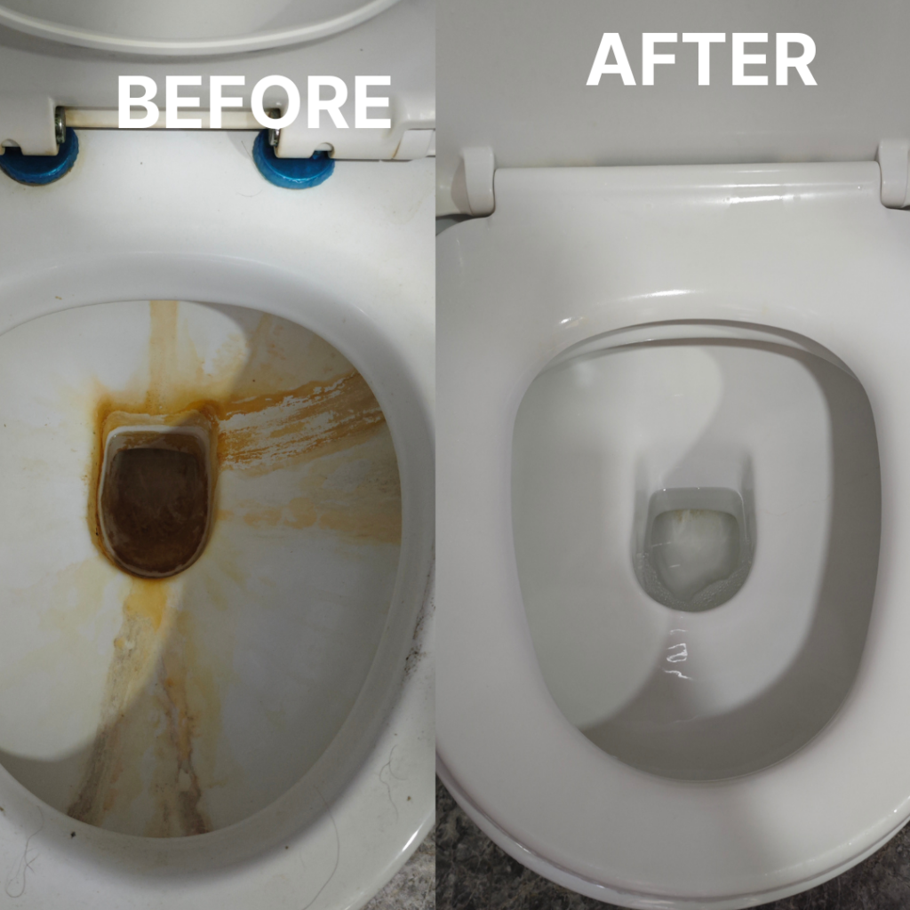 Heavily stained toilet bowl cleaned to look brand new through deep cleaning service