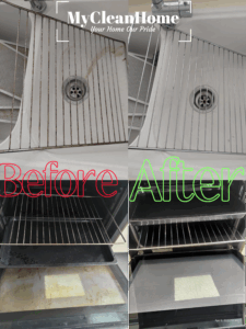Dirty gas stove with grease and burnt marks cleaned to a spotless finish