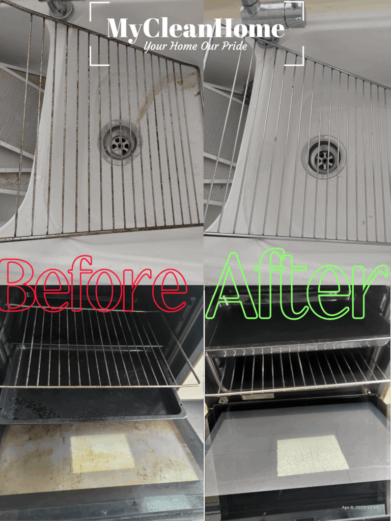 Dirty gas stove with grease and burnt marks cleaned to a spotless finish