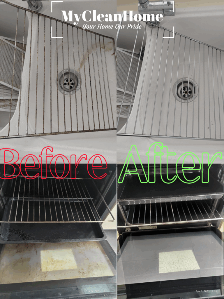 Dirty gas stove with grease and burnt marks cleaned to a spotless finish