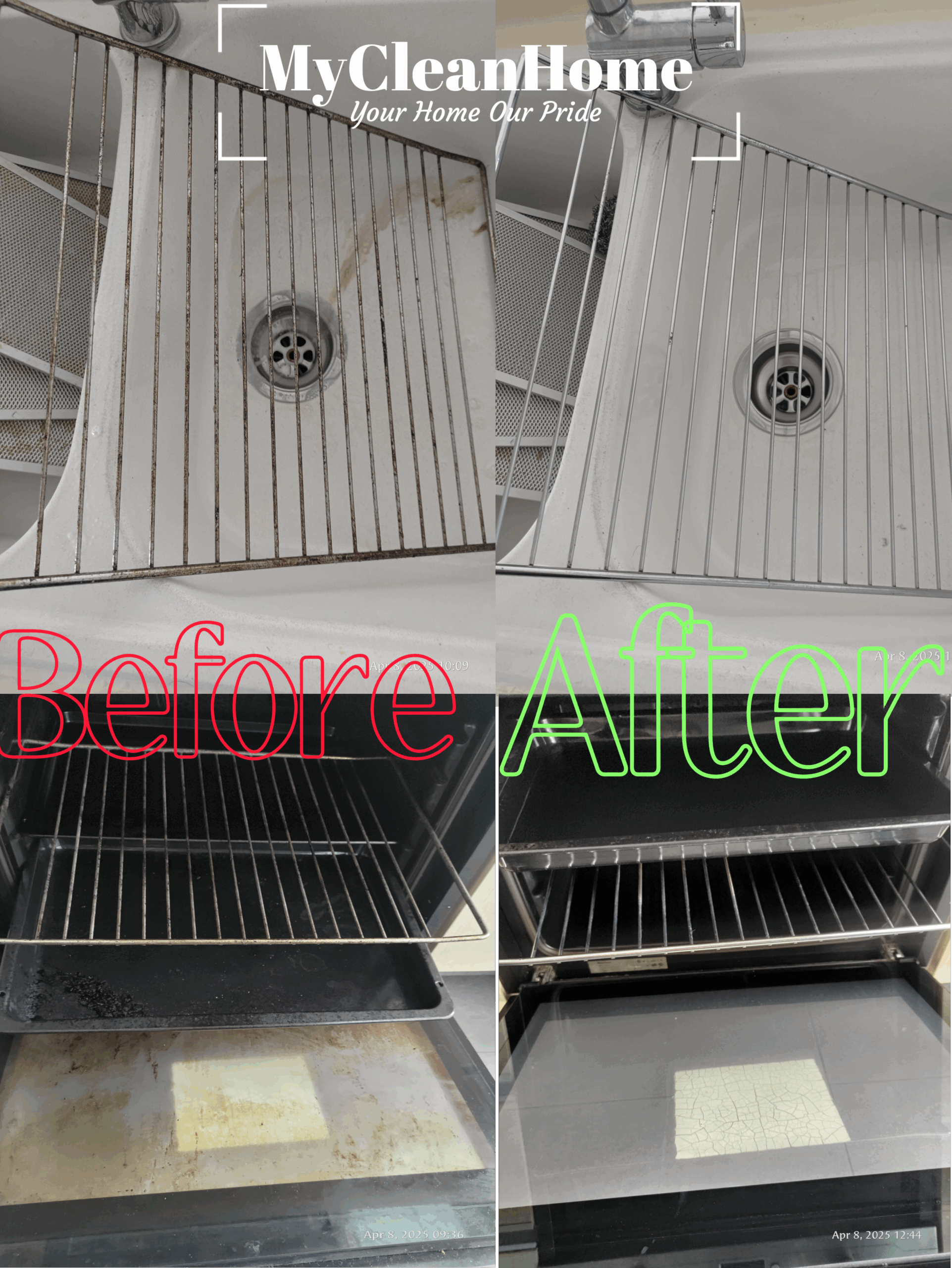 Dirty gas stove with grease and burnt marks cleaned to a spotless finish