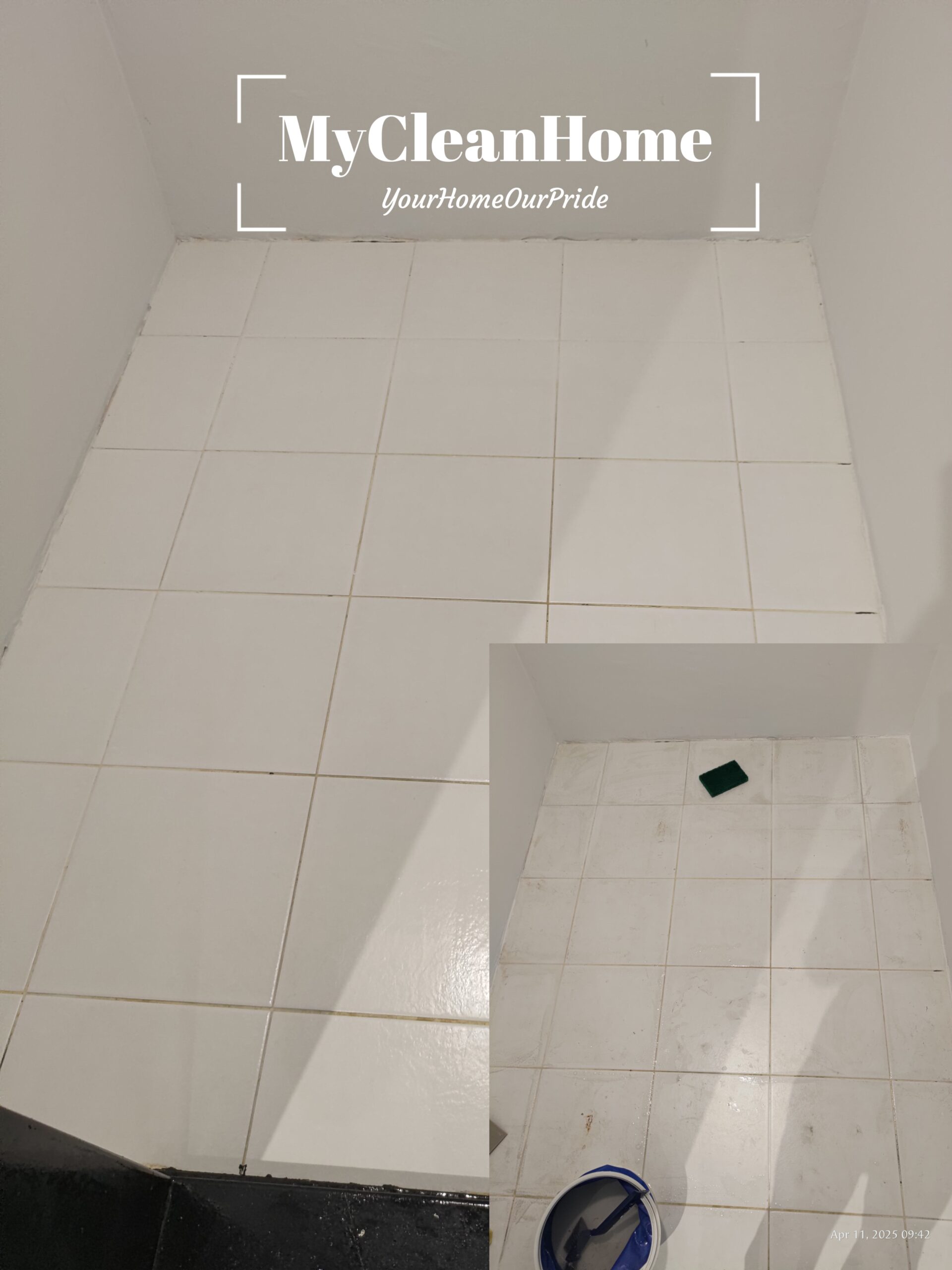 Floor tiles before and after deep cleaning by MyCleanHome with visible stain removal