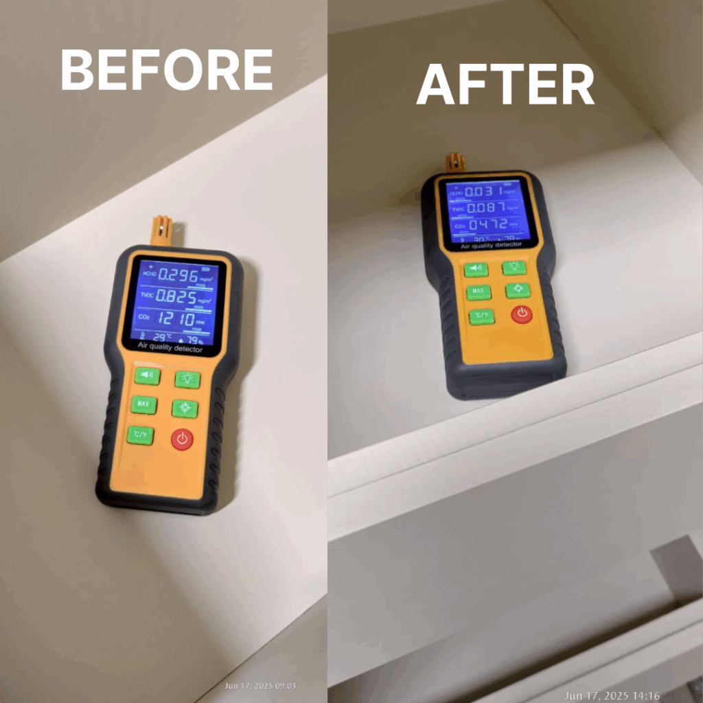 Digital air quality monitor showing reduced formaldehyde levels after treatment.