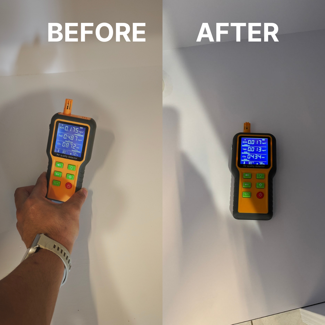 Digital air quality monitor showing reduced formaldehyde levels after treatment.