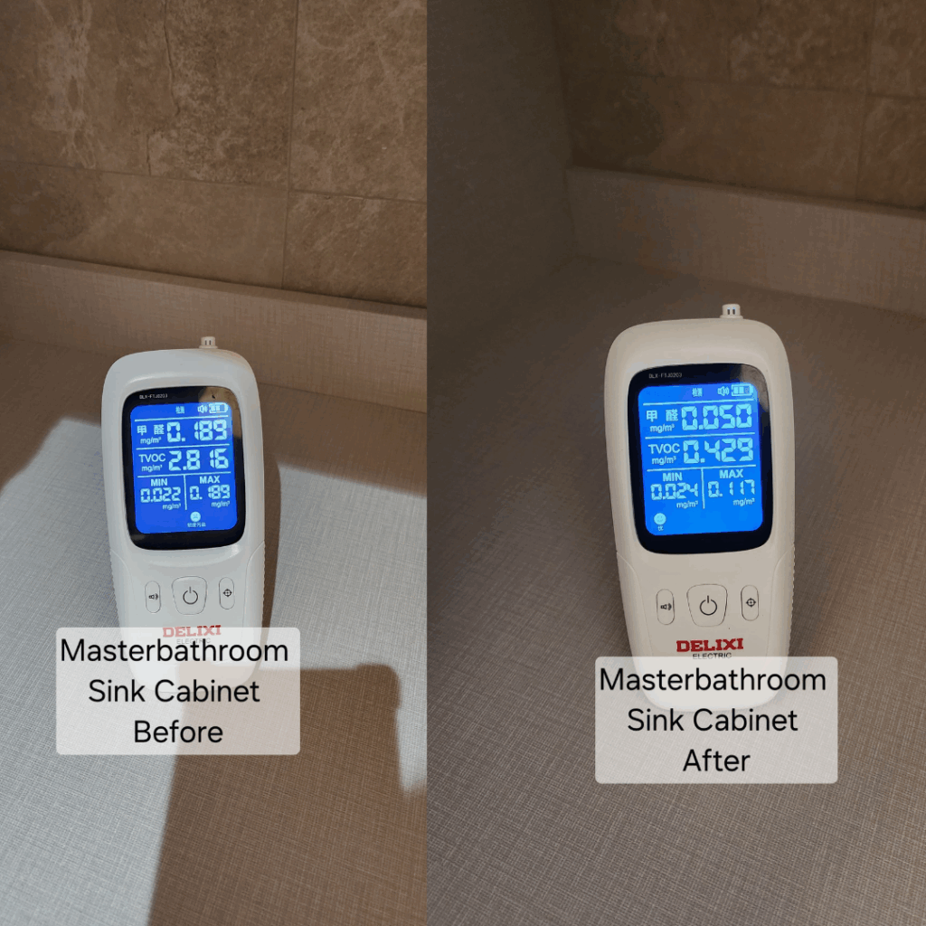Digital air quality monitor showing reduced formaldehyde levels after treatment.