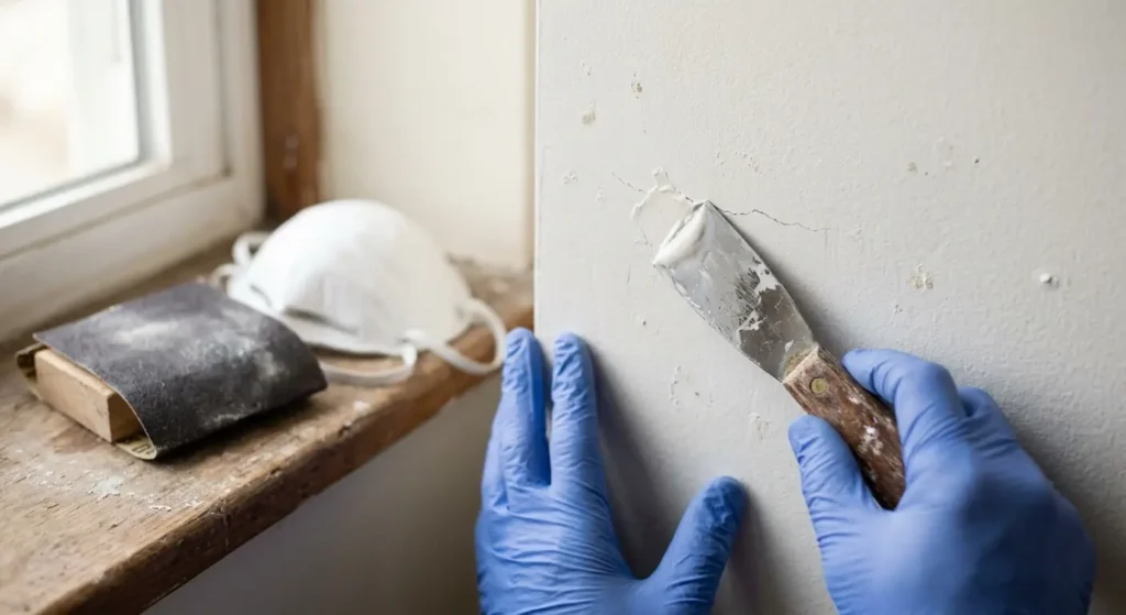 Painter inspecting walls before starting a house painting project