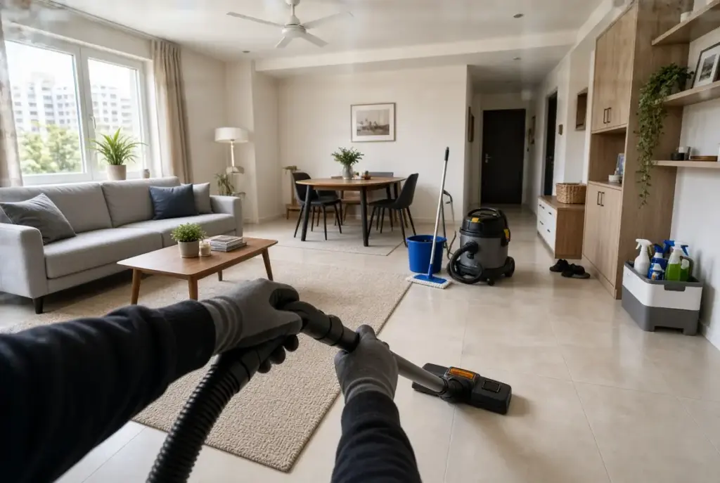 Cleaners vacuuming spacious HDB living and dining area during move-in cleaning
