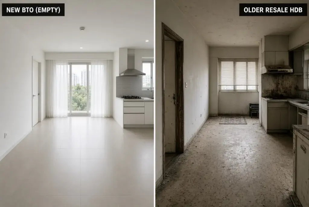 Comparison of new BTO flat and resale HDB unit condition before move-in cleaning